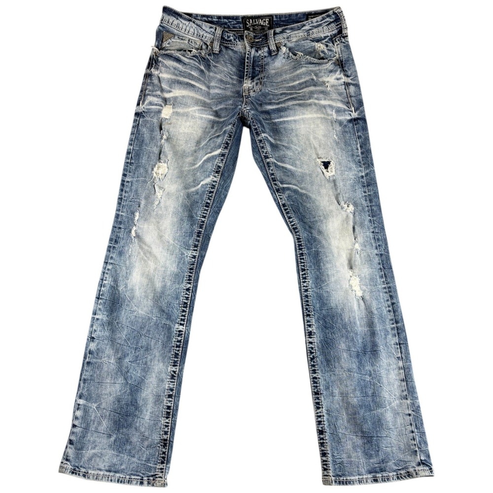 Salvage Mayhem Jeans Mens 33R Blue Denim Rugged Buckle Straight Leg Distressed